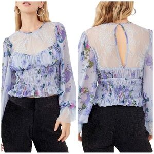 3/$22🩶  Free People Daphne Blouse Silver Blue Combo Smocked Lace Cropped Small